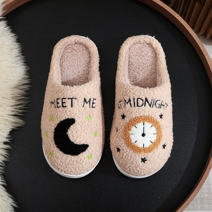 Fashion Moon And Clock Print Home Slippers Winter Warm Floor Bedroom House Shoes For Women