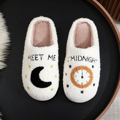 Fashion Moon And Clock Print Home Slippers Winter Warm Floor Bedroom House Shoes For Women