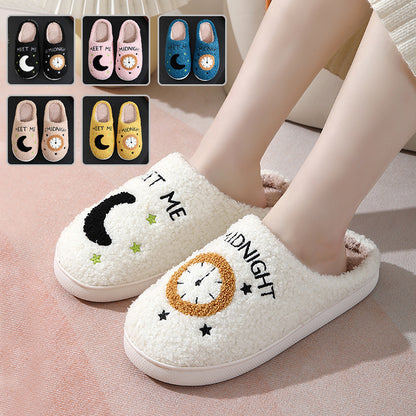 Fashion Moon And Clock Print Home Slippers Winter Warm Floor Bedroom House Shoes For Women