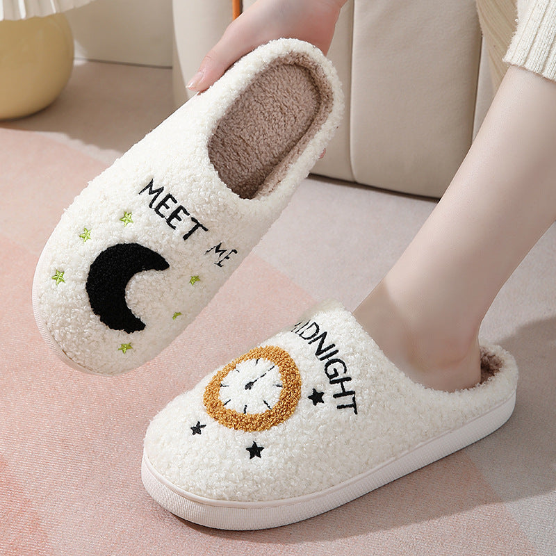 Fashion Moon And Clock Print Home Slippers Winter Warm Floor Bedroom House Shoes For Women