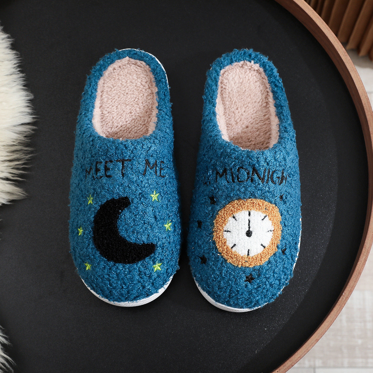 Fashion Moon And Clock Print Home Slippers Winter Warm Floor Bedroom House Shoes For Women