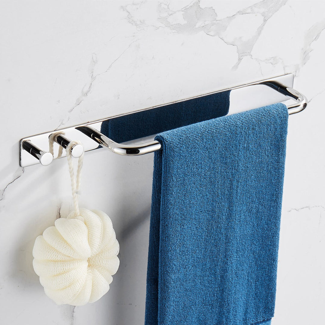 Rustproof Stainless Steel Towel Bar with Hooks - Easy Install, Adhesive, Multi-Purpose Home Storage
