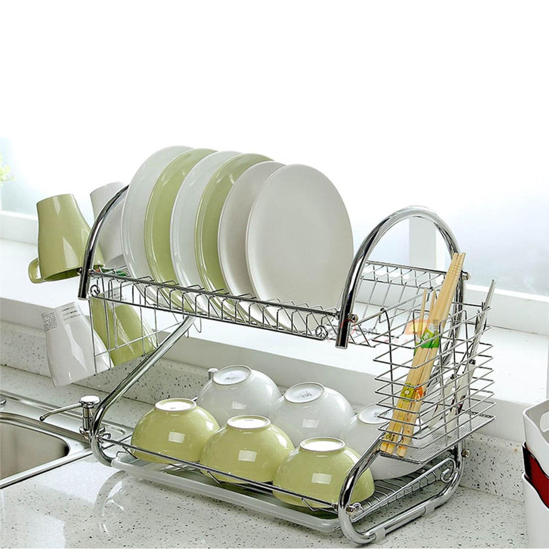 2 Tier Dish Drainer Rack, Cutlery Holder, Mug Stand, Drip Tray - Durable Steel, Chrome Silver