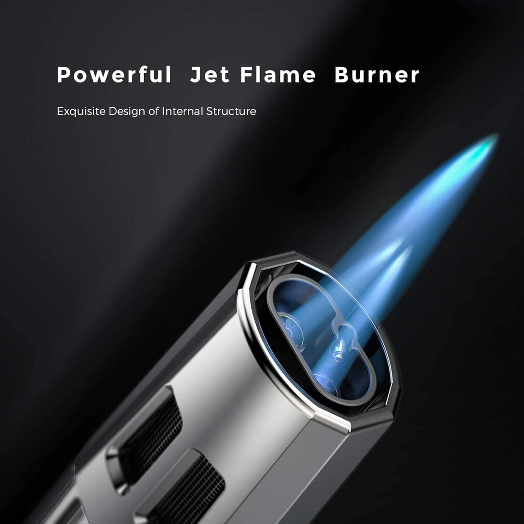Windproof Double Torch Jet Flame Lighter, Adjustable, Multifunctional - Ideal for Cigar, Camping, BBQ, Stoves - Black, Zinc, Gas Indicator & Flame Lock - Sold without Gas