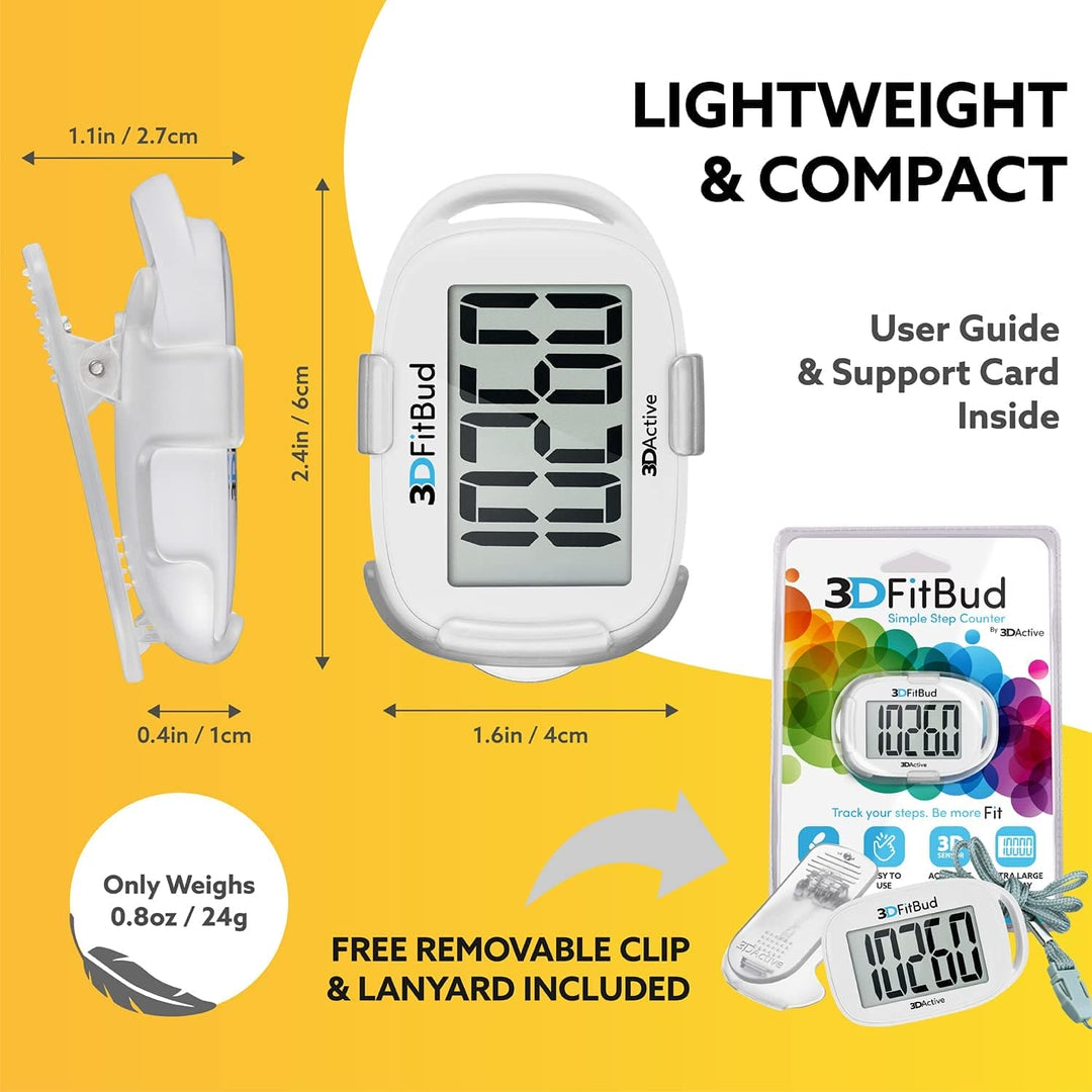 3D Active Simple Step Counter, Accurate 3D Pedometer with Clip & Lanyard, Battery Included, Large Display, White