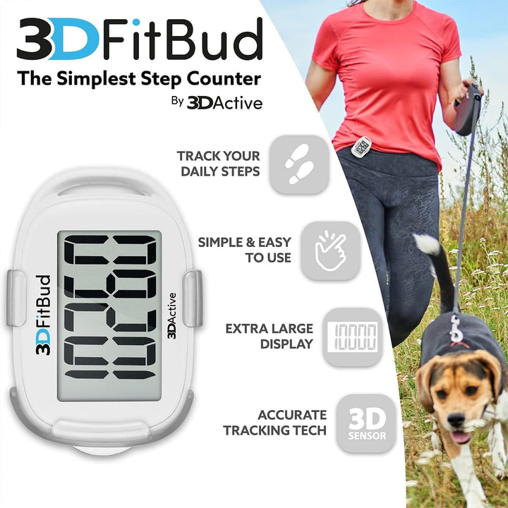 3D Active Simple Step Counter, Accurate 3D Pedometer with Clip & Lanyard, Battery Included, Large Display, White
