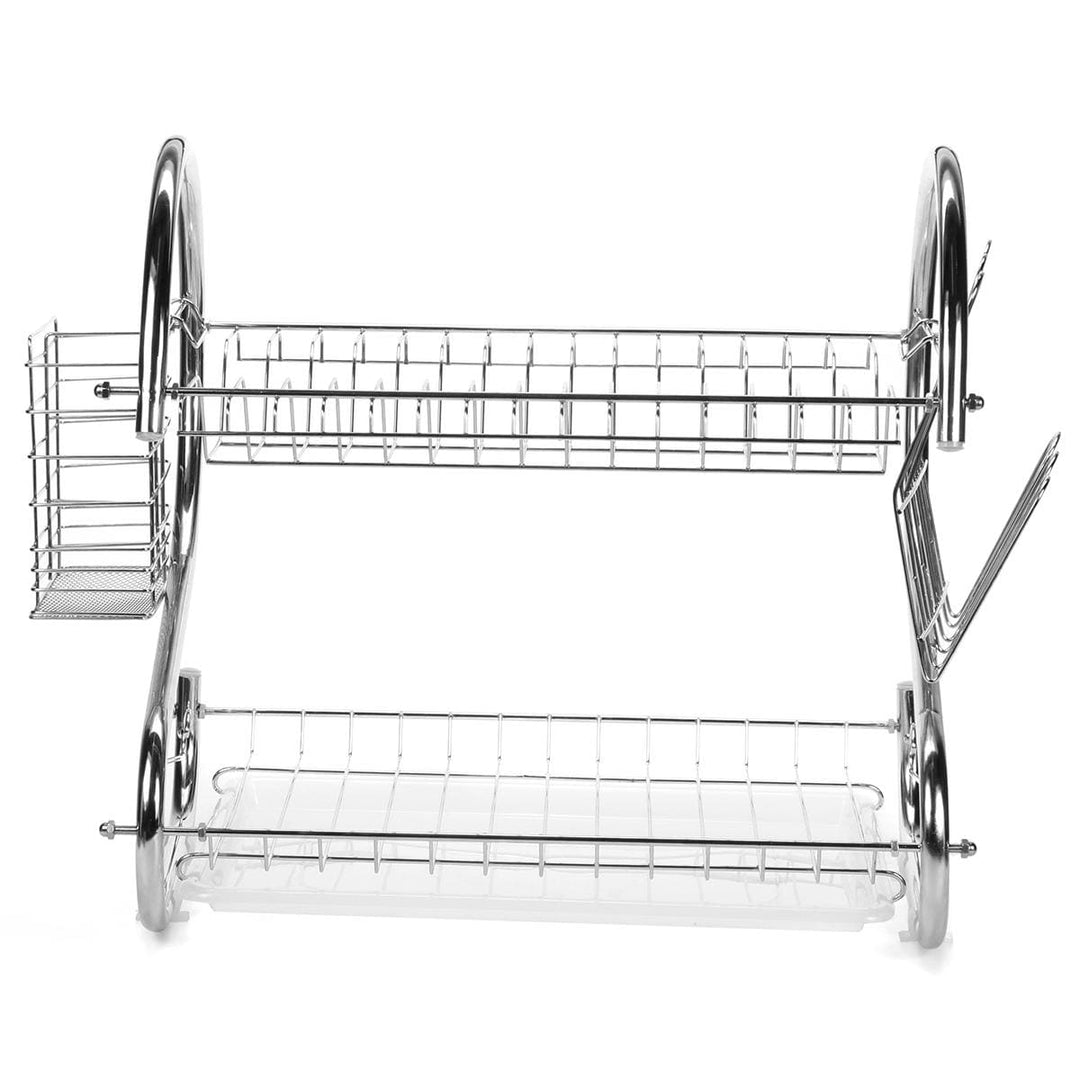 2 Tier Dish Drainer Rack, Cutlery Holder, Mug Stand, Drip Tray - Durable Steel, Chrome Silver