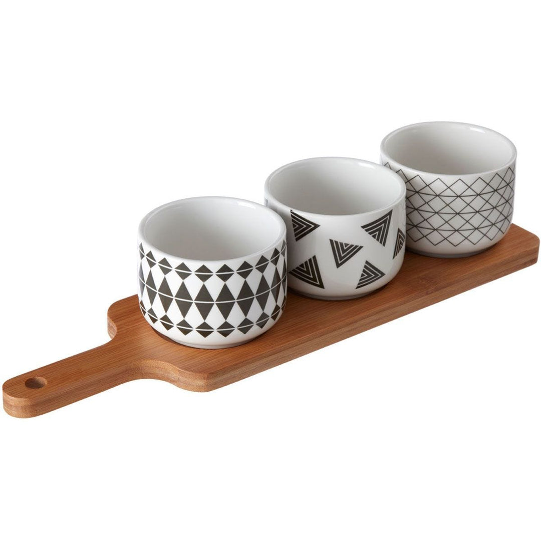 Bamboo Wood Serving Board & Set of 3 Eco-friendly Porcelain Dishes, Grey, Effortless Cleaning