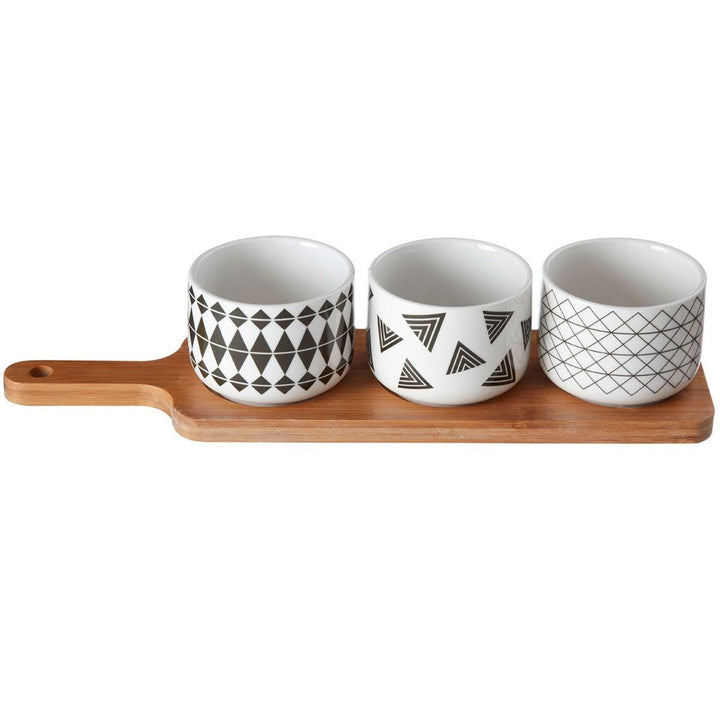 Bamboo Wood Serving Board & Set of 3 Eco-friendly Porcelain Dishes, Grey, Effortless Cleaning